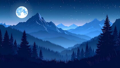 Serene nighttime landscape with a full moon over layered mountain silhouettes and a forest