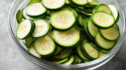 Sliced cucumbers fill a clear bowl showcasing their vibrant green color and crisp texture. Perfect for salads snacks or garnish these cucumbers are ideal for healthy eating.