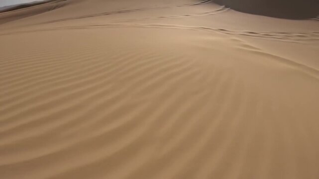Panoramic Desert Vista of Rolling Sand Dunes Under a Clear Sky with Bright Sunlight and Wind Action in Middle East Scenery for Exploration and Travel Advertisement 199 Characters