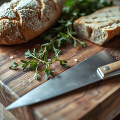 Chef's Knife and Herbs on a Cutting Board with Fresh Bread