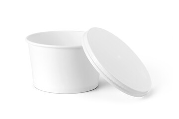 Blank white paper takeaway food containers for product mockups with an eco-friendly design, isolated on a white background.