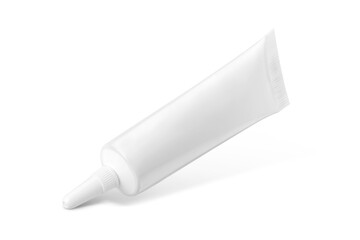 Blank white plastic squeeze tube with pointed nozzle cap for cosmetic product mockup isolated on white background
