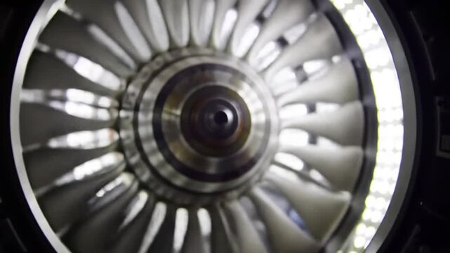Turbine Blades Spinning Rapidly Close Up Against Dark Background with Bright White Lights Reflecting on Surface Mechanical Precision and Power Generation Technology