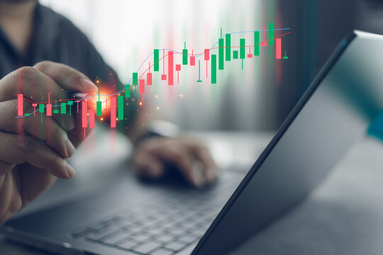 Planning and strategy, Stock market, trader or investor working at home. Technical price graph and indicator, candlestick chart and stock trading