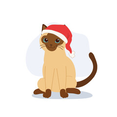Siamese cat wearing a Santa hat, for winter celebration and seasonal decoration