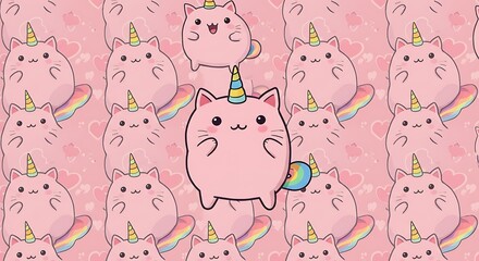 Obraz premium Cute cartoon pink cats with unicorn horns repeating pattern background