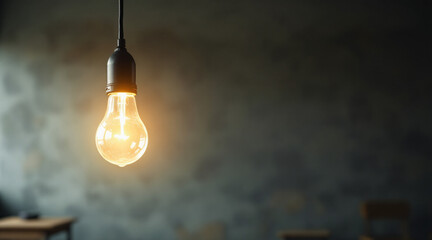 Single Vintage Light Bulb Hanging Against Dark Rustic Wall in Modern Setting