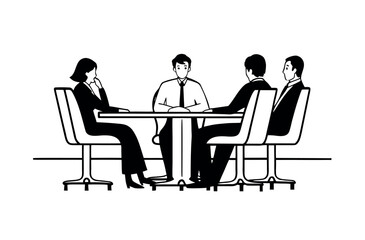 Business Meeting and Team Collaboration Line Art. Black and White Vector Illustration of Professionals Seated Around a Conference Table for Discussion and Strategy