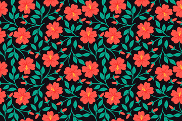 Seamless floral pattern with bright red blossoms and green leaves on a black background. Perfect for fabric, wallpaper, gift wrap, and vibrant botanical design projects.