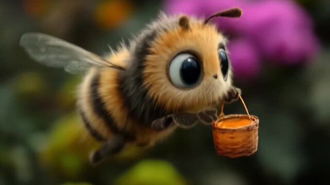 Animated bee carrying honey pot against blurry natural background