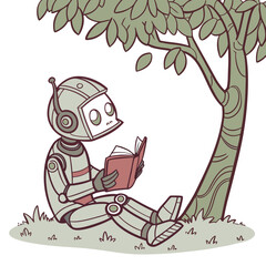 A cute cartoon robot with a friendly face sits peacefully under a leafy tree reading a book on a grassy lawn