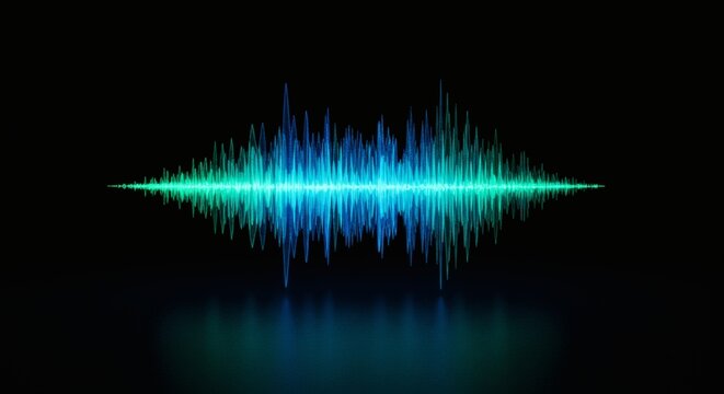 Vibrant blue and green digital audio sound wave visualization. - Powered by Adobe