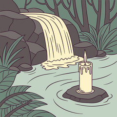 A lit candle stands on a rock in a serene forest stream with a gentle waterfall cascading over mossy rocks and lush green foliage surrounding the tranquil natural scene