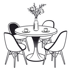 A minimalist black and white line drawing of a round table with four chairs a vase of flowers and two cups of coffee on a white background