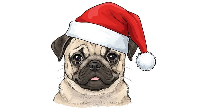 Cute pug dog wearing a santa claus hat illustration isolated