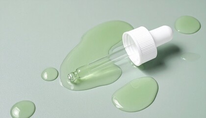 A glass cosmetic dropper with a white cap lies in a puddle of spilled light green serum on a pale green background.