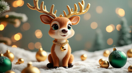Cute Reindeer Character with Antlers Surrounded by Christmas Ornaments and Snow