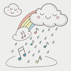 Cute smiling clouds with a pastel rainbow and musical notes falling like rain on a light gray background whimsical illustration for children