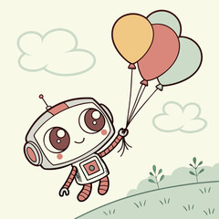 Cute cartoon robot with big eyes joyfully flying through a pastel sky holding a bunch of colorful balloons with fluffy clouds and green hills below