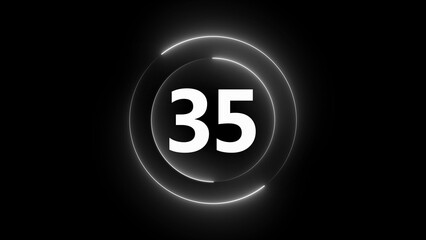 White number 35 inside concentric circles with white neon glow on black background thirty-five numeral
