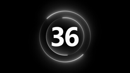 White Neon Number 36 Inside Glowing Circles on Black Background numeral digit