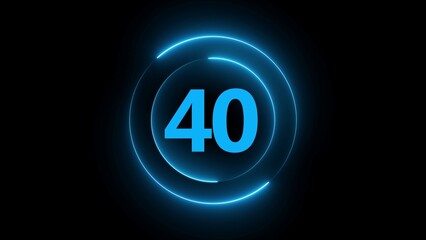 Blue neon circle countdown timer with number 40 on black background clock