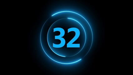 Blue Neon Circle With Number 32 On Black Background count countdown