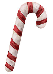 Watercolor christmas candy cane. Hand painted traditional christmas candy cane with red and white stripes, illustration