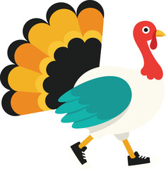 Thanksgiving Turkey Mascot - Cute Walking Turkey with Sneakers and Colorful Tail Feathers, Cartoon Holiday Character Vector for Greeting Card Poster Sticker and Kids Print