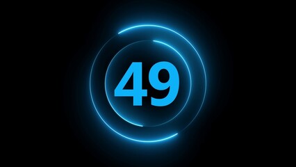 Blue neon circle with number 49 in the center on a black background forty nine numeral