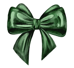 Cozy Christmas bow, watercolor green bow, satin bow, watercolor texture, illustration. Hand painted watercolor illustration