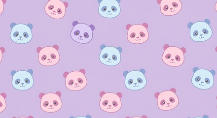 Seamless panda pattern illustration with multiple pastel colored panda faces