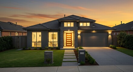 Obraz premium Modern residential house exterior view at sunset with illuminated lights