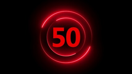 Bright Red Neon Circle With Number 50 On Black Background fifty numeral