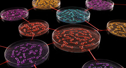 A network of petri dishes connected with red lines, displaying various colorful bacteria samples.