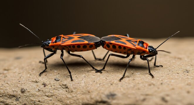 Two firebugs in macro photography close up against a dark background