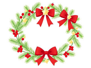 Decorative Christmas wreath with vibrant red bows, festive holly berries, and golden stars. A festive holiday illustration perfect for seasonal greeting cards and winter decor