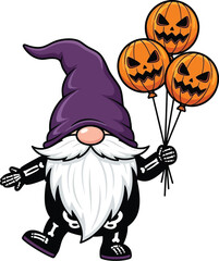Fototapeta premium Cute Halloween Gnome in Skeleton Costume Holding Pumpkin Balloons illustration