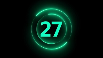 Glowing Neon Green Circle with Number 27 on Black Background twenty seven numeral