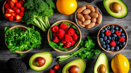 Colorful overhead flat lay of various superfoods: fresh berries, nuts, avocado, broccoli, and citrus on a dark wooden background