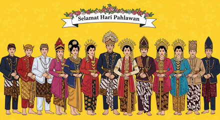 Selamat Hari Pahlawan : Cultural Celebration, Traditional Attire, Indonesia, Illustration, Vibrant Background, Front View, Heritage and Unity Theme