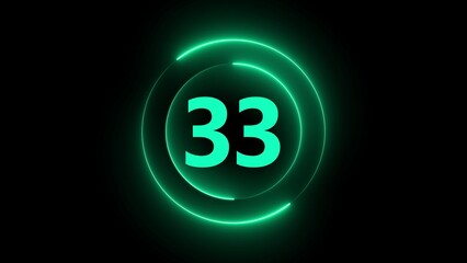Green Neon Circle With Number 33 On Black Background numeral count