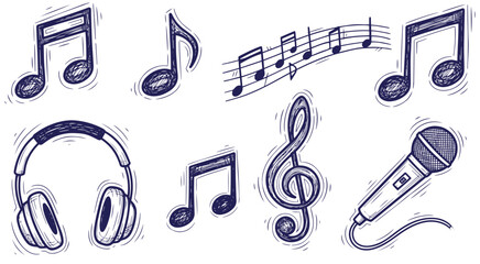 Fototapeta premium Sketchy musical notes and microphone for creative music projects, vector design element