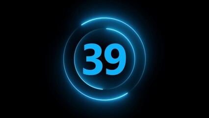 Neon Blue Circle With Number 39 In Bright Blue On Black Background thirty nine numeral