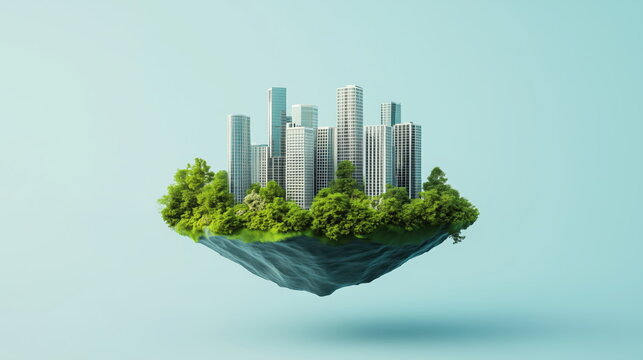 3D rendering of a city with modern buildings and green trees on a floating island, isolated over a light blue background. - Powered by Adobe