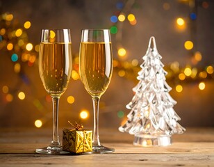 Two champagne flutes and a small gift sit before a frosted glass Christmas tree, all illuminated by warm bokeh lights