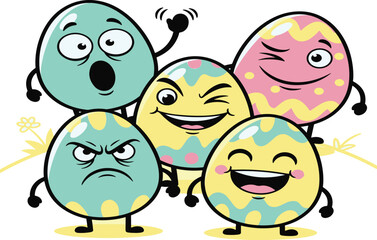 Funny cartoon Easter eggs vector set with cute faces and emotions, colorful holiday illustration for kids, Easter decoration clipart.