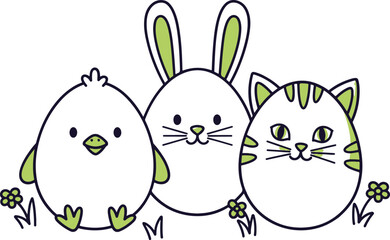 Funny cartoon Easter eggs vector set with cute faces and emotions, colorful holiday illustration for kids, Easter decoration clipart.