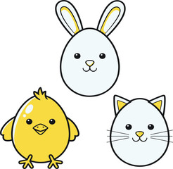 Funny cartoon Easter eggs vector set with cute faces and emotions, colorful holiday illustration for kids, Easter decoration clipart.