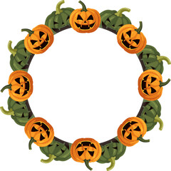 Vector circle frame with green and orange Jack pumpkins for Halloween design isolated on white background